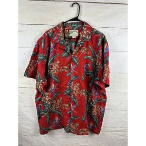 Vtg Paradise Found Hawaiian Shirt Men XXL 2XL Red Button Up S/S Parrot Magnum Pi